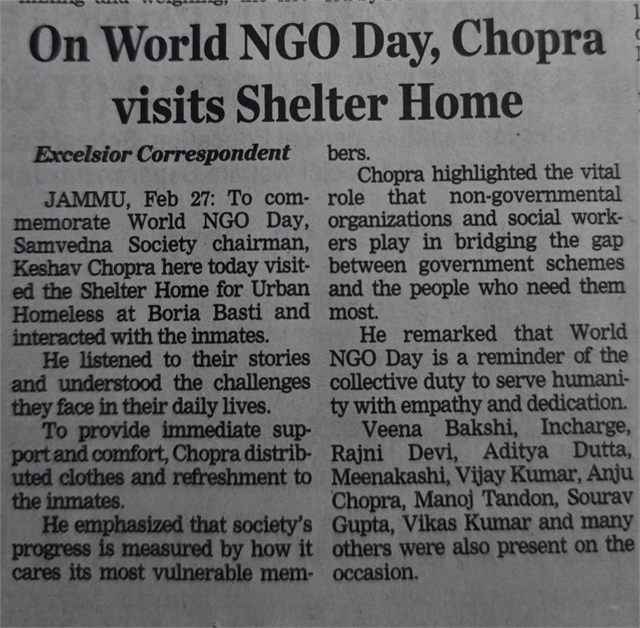 On World NGO Day Dated: 27-02-2026 Distributed Clothes, Juices among the People at Shelter Home for Urban Homeless Boria Basti.
